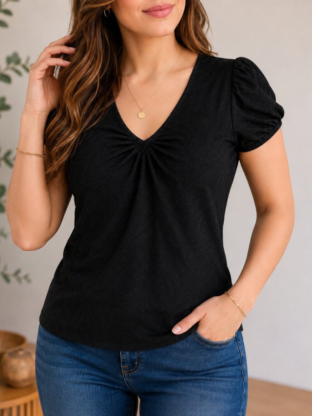 Worthington Stretch Black Ruched V-Neck Textured Top Size S